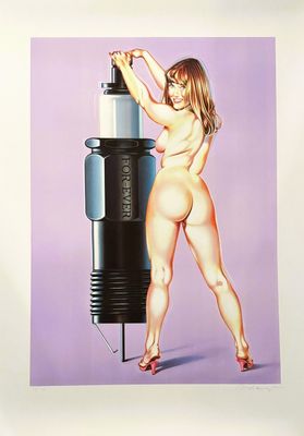 painting of a nude woman standing next to a blender