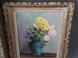 a painting of a yellow rose in a blue vase