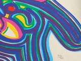 brightly colored abstract painting of a person with a surfboard in his hand