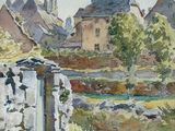 a watercolor painting of a village with a stone wall
