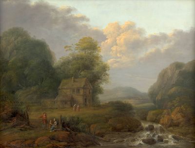 un tableau représentant un homme et une femme au bord d'un ruisseau