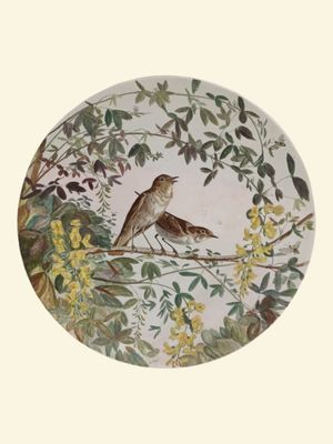 une assiette sur laquelle sont représentés deux oiseaux perchés sur une branche d'arbre