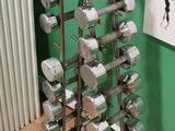 a picture of a rack of dumbs in a room