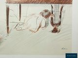 a drawing of a child playing under a table