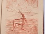 a drawing of a man sitting on a chair in the water