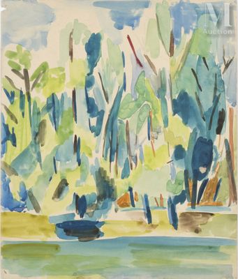 une image d'une aquarelle représentant un bateau sur un lac