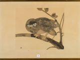 a painting of a bird sitting on a tree branch