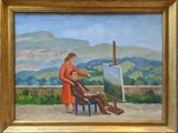 an oil painting of a woman painting a man sitting on a chair