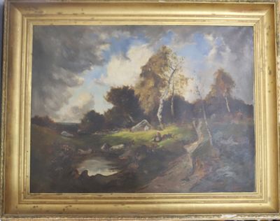 une image représentant un tableau de paysage avec des moutons au premier plan