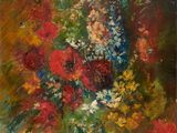 une peinture à l'huile représentant un vase de fleurs sur une table