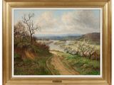 a painting of a dirt road with a river in the distance