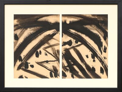 two black and white abstract paintings on a beige background