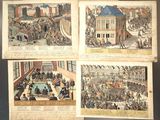 three pages of a book with pictures of people in a courtyard