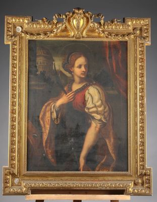 an old painting of a woman holding a dog on a easel