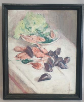 une peinture représentant une assiette de nourriture posée sur une table