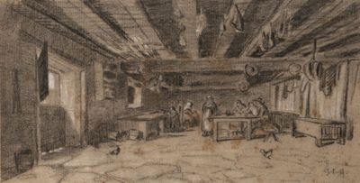 a drawing of a drawing of a room with a lot of furniture