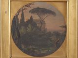 peinture représentant un paysage avec des arbres et un château au loin