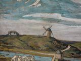 a painting of a windmill on a hill by a river