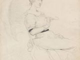 an old drawing of a woman sitting in a chair with an umbrella