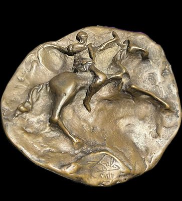 an image of a bronze coin with a man riding a horse