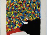 un tableau représentant un taureau devant une foule de gens