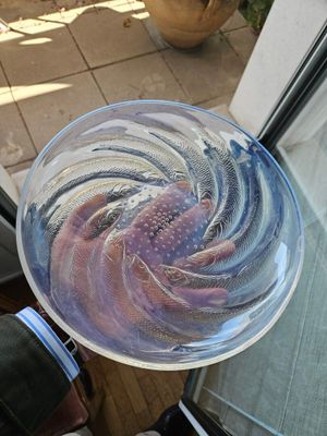 Quelqu'un tient une assiette contenant du poisson sur une terrasse.
