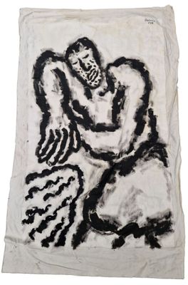 dessin en noir et blanc représentant un homme avec un serpent sur une serviette