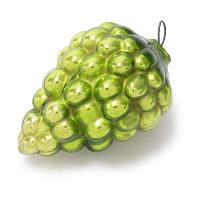 green glass ornament shaped like a bunch of grapes on a white background