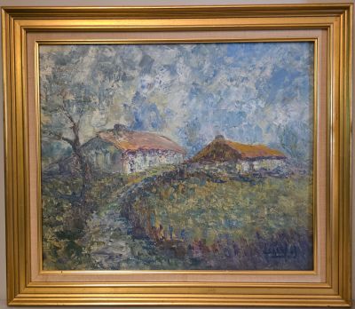 une peinture à l'huile représentant une maison dans un champ bordé d'arbres
