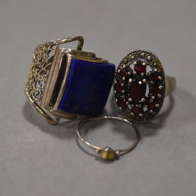 pair of silver and blue rings with garnets on a gray surface