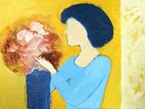 un tableau représentant une femme tenant un vase de fleurs