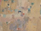 une peinture abstraite représentant une œuvre aux couleurs marron, beige, bleu et rouge