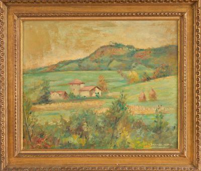 an oil painting of a farm scene with a hill in the background