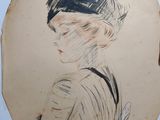 an old drawing of a woman with a feathered hat in a chair