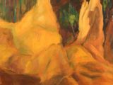 une peinture à l'huile représentant une formation rocheuse jaune au milieu d'une forêt