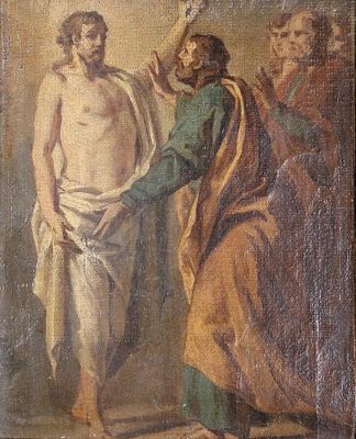 un vieux tableau représentant un homme tenant une croix devant un groupe d'hommes