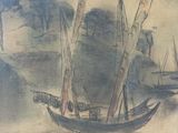 a painting of a boat on the water with trees in the background