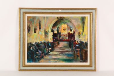 a painting of a painting of a church with people in it