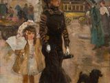 tableau représentant une femme et un enfant marchant dans la rue avec un chien