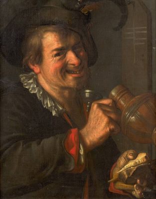 un vieux tableau représentant un homme tenant une cruche et souriant