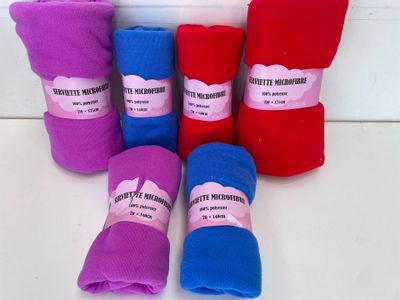 Plusieurs serviettes de différentes couleurs sont alignées sur une surface blanche.