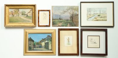 Lot de 7 encadrements comprenant: Ecole du Xxe siècle, Cour …