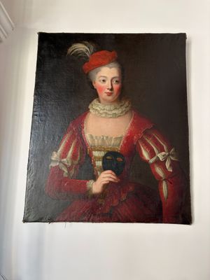 painting of a woman in a red dress with a black mask