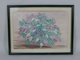 a painting of a bouquet of flowers is hanging on a wall