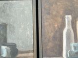 four paintings of vases and a bottle on a table