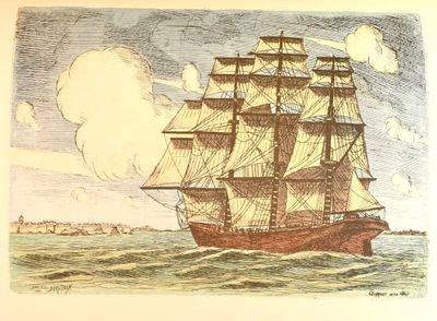 dessin représentant un voilier en pleine mer, avec des nuages en arrière-plan