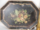 a picture of a decorative tray with flowers and fruit on it