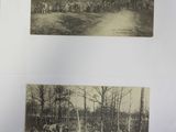 two old black and white photos of people riding horses in the woods