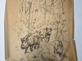 an image of a drawing of three boars in a wooded area
