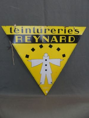 Plaque émaillée teintureries REYNARD, double face de forme t…